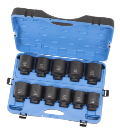 11-piece 1-inch impact socket set in durable blue case, chrome-molybdenum steel with TORQUE DRIVE® design