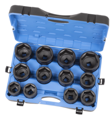 12-piece 1-inch drive impact socket set in blue plastic case, SAE chrome-molybdenum steel with torque drive design