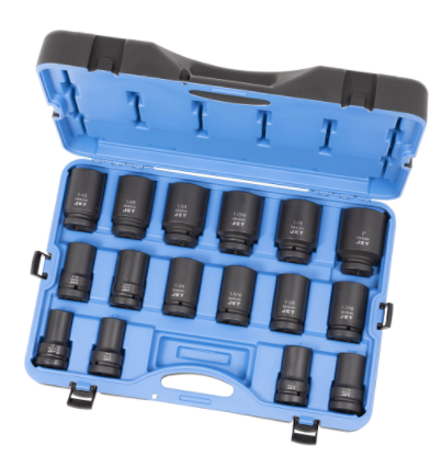 16-piece 1-inch impact socket set in SAE sizes, made of high-strength chrome-molybdenum steel in a blue carrying case