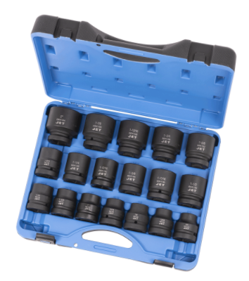 18-piece SAE impact socket set made of chrome-molybdenum steel in blue carrying case with secure latches