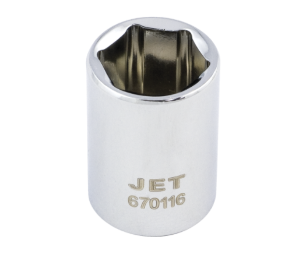 Chrome-plated 1/4'' drive hex socket with six points, engraved Jet branding and product number 670116