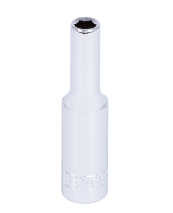 1/4-inch drive 6-point deep socket with chrome finish for enhanced grip and corrosion resistance