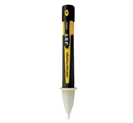 Yellow and black voltage detector pen with LED flashlight, automatic shutoff, low battery indicator, and protective tip
