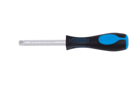 1/4" drive ratchet handle with forged chrome vanadium steel shaft and ergonomic black and blue grip handle