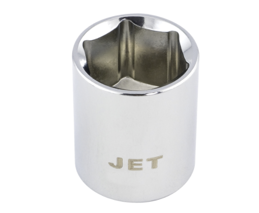 Chrome plated 3/8'' drive 6-point socket with Jet branding, designed for durable fastening applications