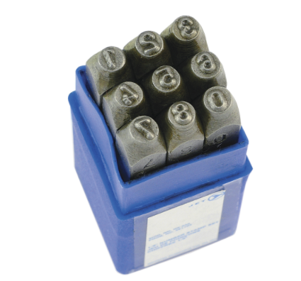 Set of hardened steel number punches 0-8 with blue plastic storage case, induction hardened for durability