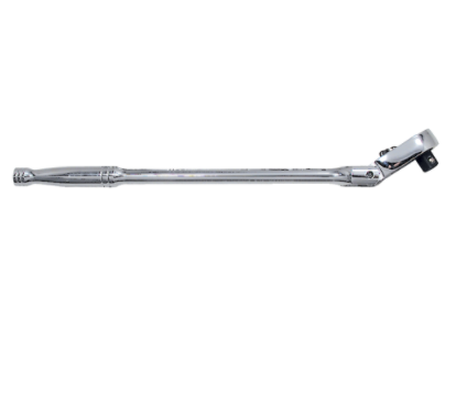 3/8 inch ratchet with articulated chrome vanadium steel head for reaching tight spaces and improved tooth engagement