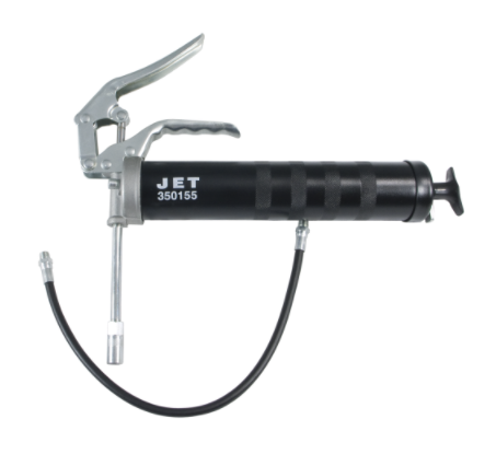 Heavy-duty pistol grip grease gun with cast steel head, hardened steel piston, and flexible hose for bulk and cartridge loading