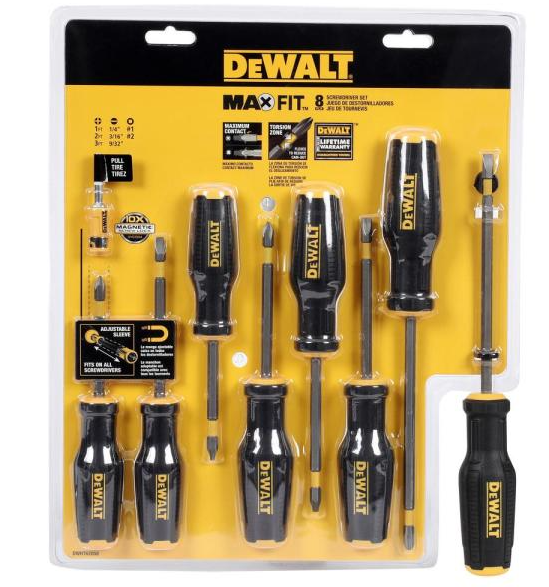 8-piece DEWALT screwdriver set with magnetic tips, ergonomic black handles, and various standard and Phillips heads