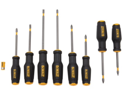 8-piece DEWALT screwdriver set with magnetic tip retention, various flathead and Phillips sizes, ergonomic handles