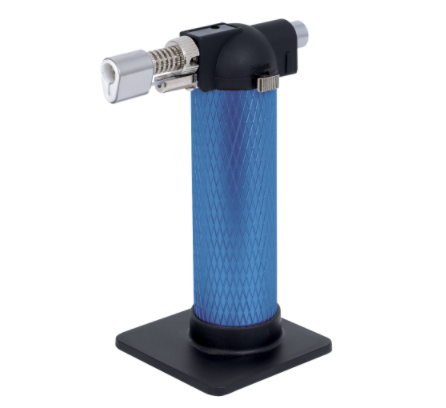 Portable blue butane torch with safety lock, industrial quality, child safety compliant, and tested for reliability