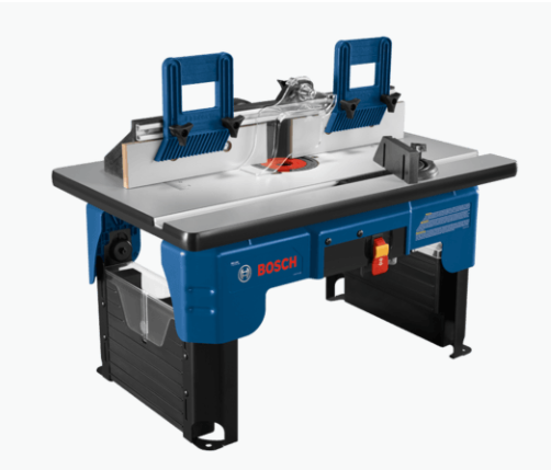 Blue and black Bosch RA1141 router table with adjustable fences, sturdy base, and built-in safety features for woodworking tasks
