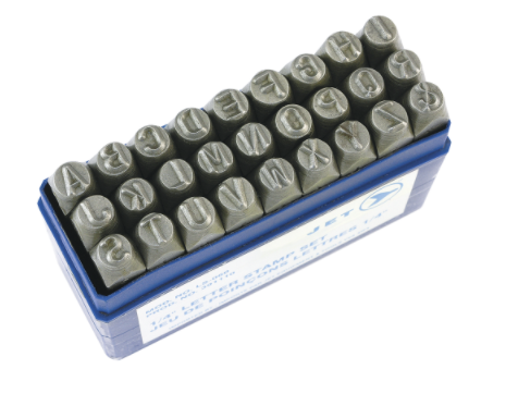 Set of A-Z steel letter stamps 3/16 inch with hardened punch and striking ends for durable marking.