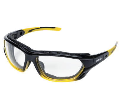 Black and yellow sealed safety glasses with foam seal for dust and debris protection, clear lenses