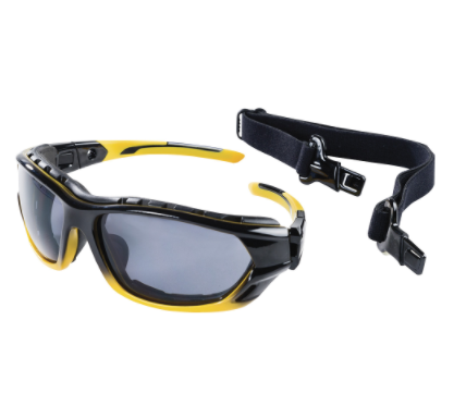 Tinted sealed safety glasses with foam gasket and adjustable black elastic strap for dust and debris protection