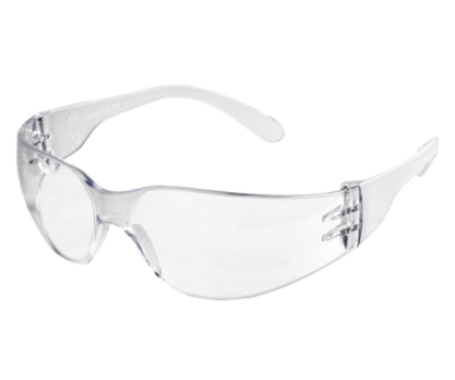 Clear safety glasses with lightweight frame, anti-scratch lenses, and wraparound design for eye protection.