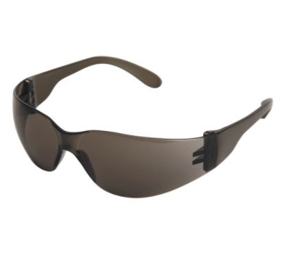 Smoke tinted safety glasses with shatterproof polycarbonate lenses providing 99.9% UV protection for industrial use