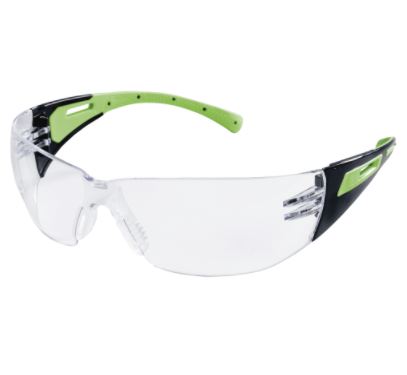 Lightweight protective eyewear with impact-resistant polycarbonate lens and ergonomic frame with green and black accents