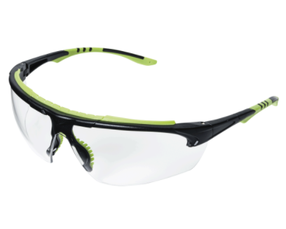 Lightweight safety glasses with clear wraparound lenses and black and green flexible frame for comfortable fit