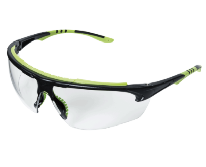 Lightweight Sellstrom Claire XP410 safety glasses with clear lenses and flexible green and black temple arms for comfort and fit