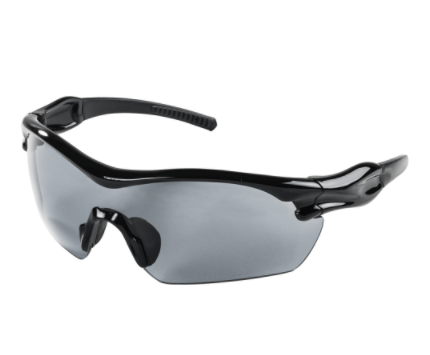 Sporty black frame safety glasses with smoke-tinted wraparound lenses and flexible rubberized temples for comfort