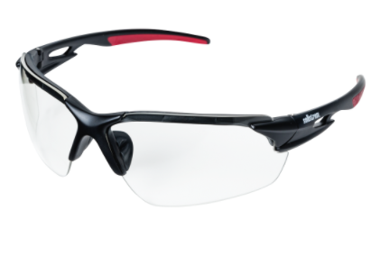Sporty black and red protective eyewear with sleek co-injected frame and clear impact-resistant lenses