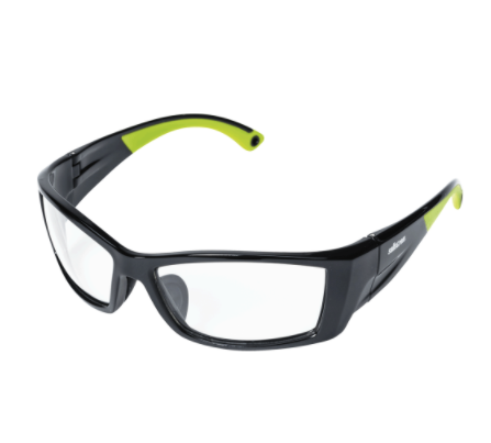 Sporty full-frame safety glasses XP460 with black frame and green temple accents for intense protective use