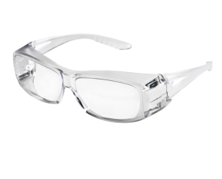 Clear protective safety glasses with polycarbonate lenses providing 99.9% UV protection for construction and workshop use