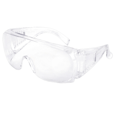 Clear polycarbonate safety glasses with wraparound design providing 99.9% UV protection for construction and workshop use