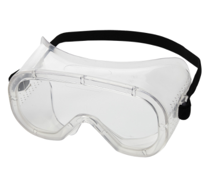 Clear protective OTG safety goggles with direct vented shell and adjustable black elastic strap for debris protection