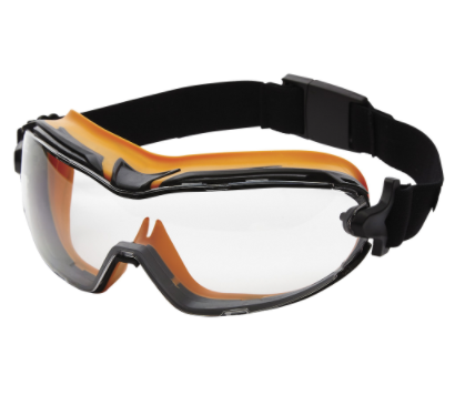 Protective GM500 safety goggles with flexible orange and black TPR frame and adjustable black elastic strap for secure fit