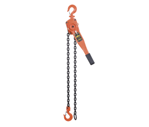 Orange 1.5 tonne 10-foot chain lever hoist with impact-resistant stamped steel body and grade 80 lifting chain