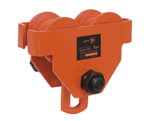 Orange 1-ton manual trolley with integrated bumpers, heavy-duty steel frame, and four roller wheels for rail use
