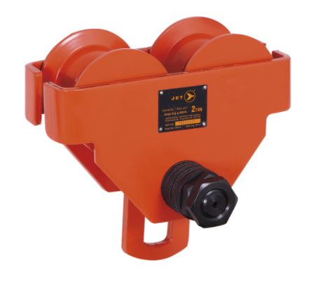 2-ton capacity industrial trolley with integrated bumpers, designed for rail use and heavy load suspension