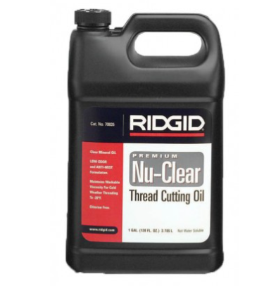 1-gallon black container of Ridgid Premium Nu-Clear clear mineral thread cutting oil with low odor formula