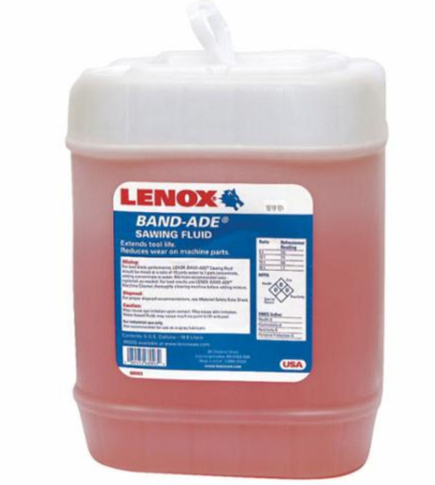 19L Lenox Band-Ade sawing fluid in large white plastic container for cooling and reducing wear on metal cutting machines