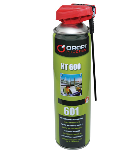 Green ORAPI HT 600 anti-seize aluminum paste aerosol can with red spray actuator and attached nozzle tube