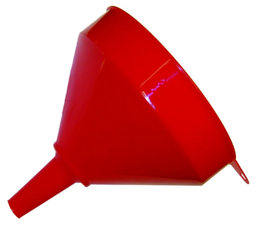10-inch red plastic funnel with wide mouth and narrow spout for fluid transfer and pouring tasks
