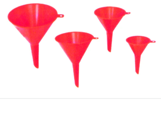 Set of four red plastic funnels with hanging tabs, varying sizes for fluid transfer and pouring tasks