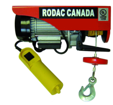 110V electric hoist with 440lbs capacity, double cable, safety hook, and handheld remote control for lifting tasks