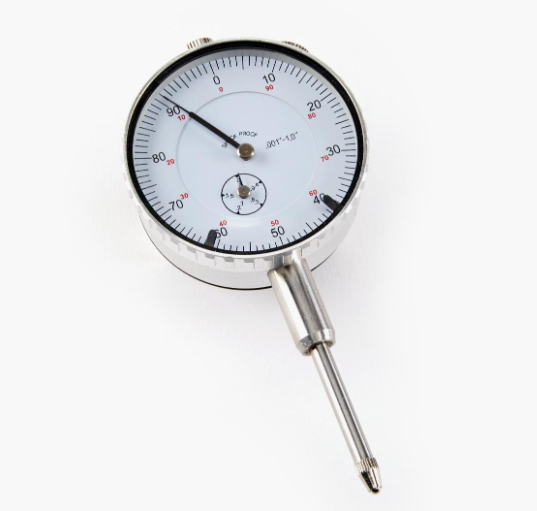 1" dial indicator with 0.001 precision, lug back mount, stainless steel stem, white face, and black markings