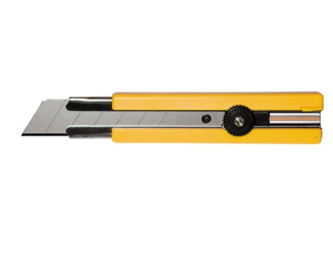 Extra-robust OLFA utility knife with 25mm rubber insert, ratchet locking mechanism, and yellow handle design.