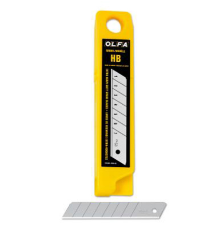 Pack of 20 replacement 1-inch OLFA HB20B utility knife blades in yellow plastic case with segmented design