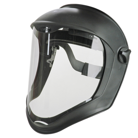 Lightweight ergonomic clear UVEX face shield with extended chin and top head protection, anti-debris design, and excellent optics