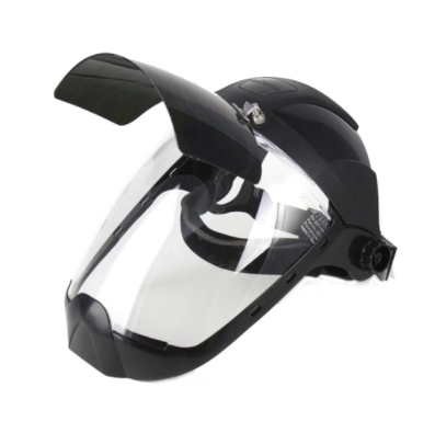 Black Sellstrom DP4 face shield with chin guard, clear anti-fog visor, and adjustable headgear for industrial protection