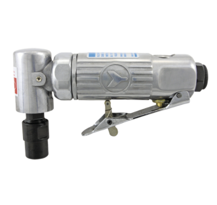90-degree die grinder with steel tip, brass collet, reinforced air inlet, and high-grade steel cylinder housing
