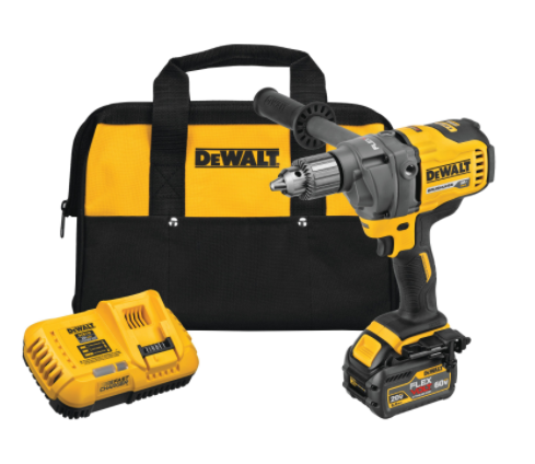 DeWalt 60V max cordless drill mixer kit with lithium-ion battery, fast charger, side handle, and durable carrying bag