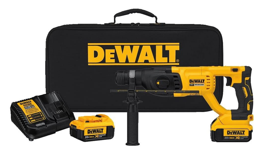 DeWALT 20V cordless rotary hammer drill kit with side handle, battery, charger, and black carrying case