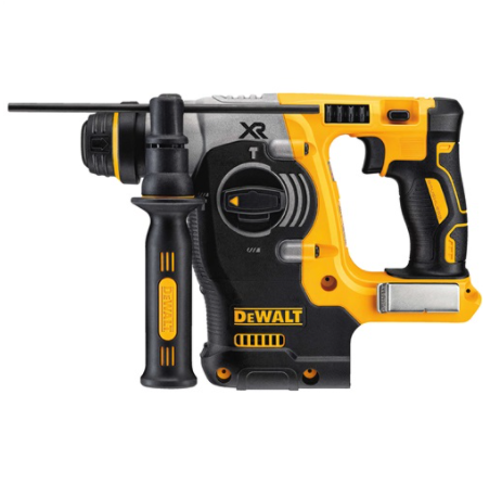 Cordless DEWALT XR 20V Max rotary hammer drill with brushless motor and side handle for precise control