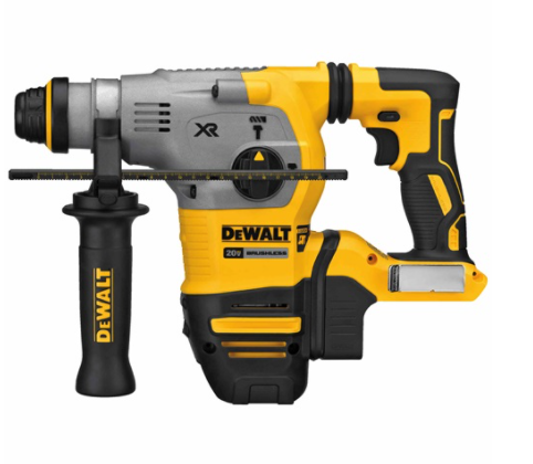 DeWALT 20V Max brushless SDS+ rotary hammer drill with auxiliary handle and depth gauge for heavy-duty drilling tasks